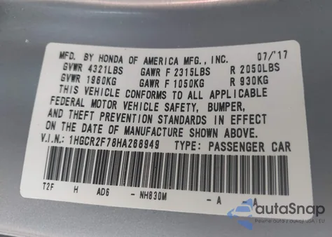 2017 Honda Accord Ex z USA, uszkodzony, nr VIN 1HGCR2F78HA268949